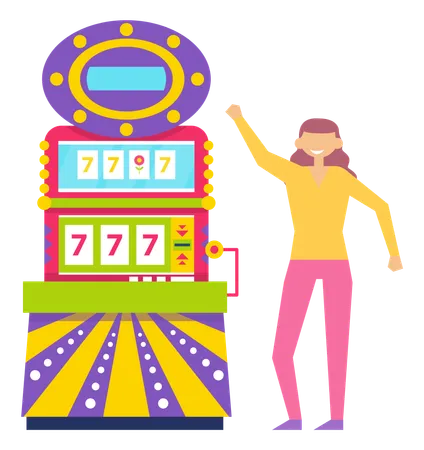Playing On Slot Machine Vector Isolated Woman Dancing By Device Spinning Wheels With Lucky Sevens Triple 777 Fortune And Luck Gambling On Money Flat Cartoon Illustration