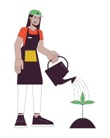 Happy Gardener Watering Plant Flat Line Color Vector Character Indian Woman Holding Watering Can Editable Outline Full Body Person On White Simple Cartoon Spot Illustration For Web Graphic Design Illustration