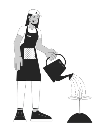 Happy Gardener Watering Plant Flat Line Black White Vector Character Editable Outline Full Body Person Woman Holding Watering Can Simple Cartoon Isolated Spot Illustration For Web Graphic Design Illustration