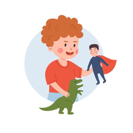 Happy ginger boy holding superman and dragon toy kid plays with favorite toy entertainment  Illustration