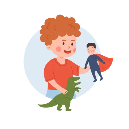 Happy ginger boy holding superman and dragon toy kid plays with favorite toy entertainment  Illustration
