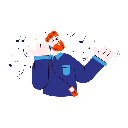 Happy ginger man listening to music on headphones with closed eyes and singing along Illustration