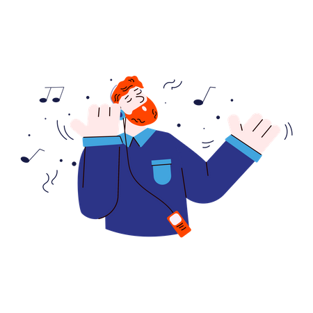 Happy ginger man listening to music on headphones with closed eyes and singing along  Illustration