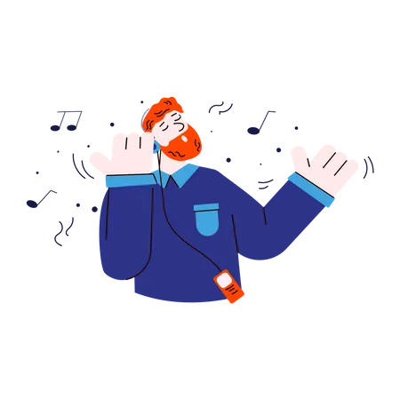 Happy ginger man listening to music on headphones with closed eyes and singing along  Illustration