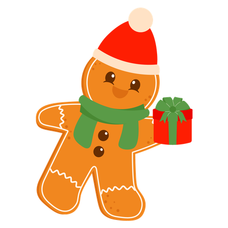 Happy Gingerbread Holding Gift Box  Illustration