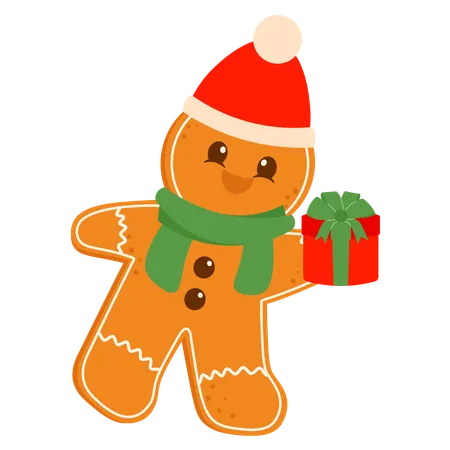 Happy Gingerbread Holding Gift Box  Illustration