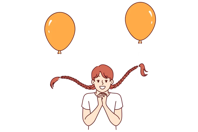 Funny Little Girl With Balloons Tied To Braids Folds Palms Making Request Or Showing Hope Cheerful Female Child Experiencing Happiness And Serenity Enjoying Playing With Balloons Illustration