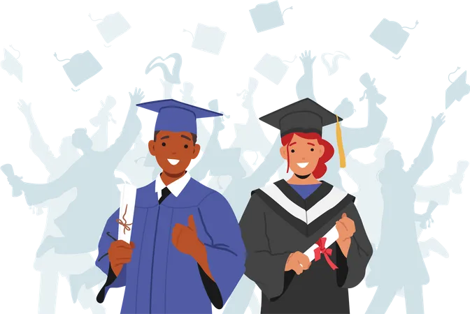 Happy Girl And Boy Graduate In Their Graduation Gowns And Caps Holding Their Diplomas And Celebrating Their Academic Achievements With Big Smiles Cartoon People Vector Illustration Illustration