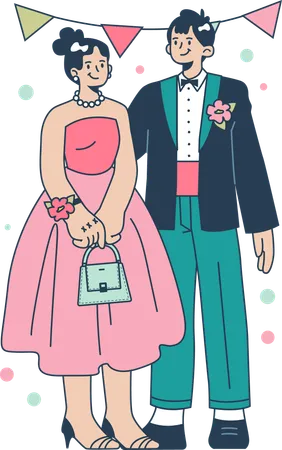 Happy girl and boy in formal clothes while going in graduation party  イラスト