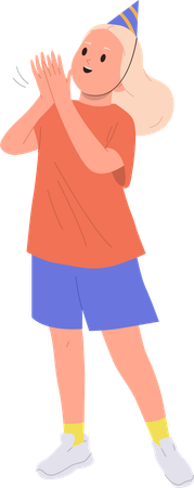 お祝いの誕生日帽子をかぶって手をたたく幸せな女の子（白）  イラスト