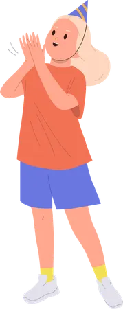 お祝いの誕生日帽子をかぶって手をたたく幸せな女の子（白）  イラスト