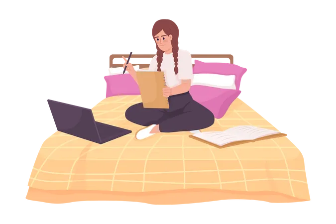Happy girl doing home assignment with laptop in bed Illustration