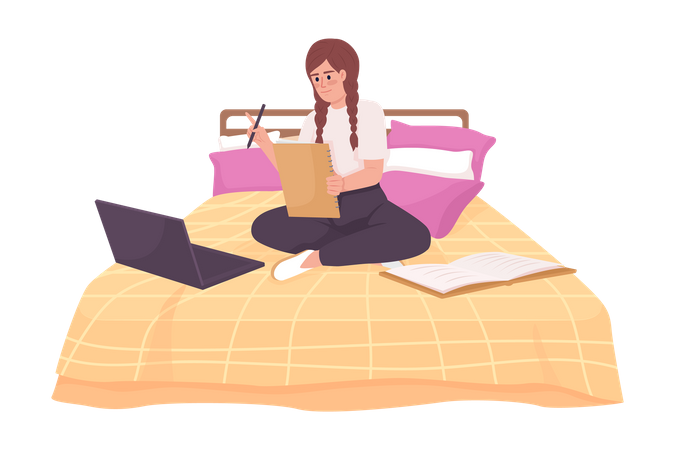 Happy girl doing home assignment with laptop in bed  Illustration