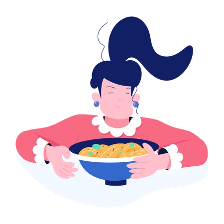 食べ物を食べる幸せな女の子  イラスト