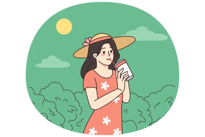 Happy girl enjoy cold drink in summer  Illustration