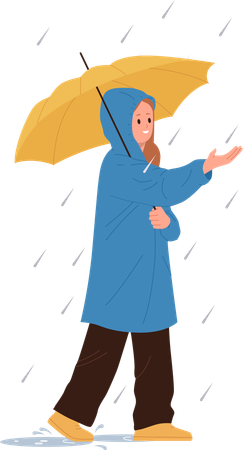 Happy girl  enjoying rainy weather while walking with umbrella on street  Illustration