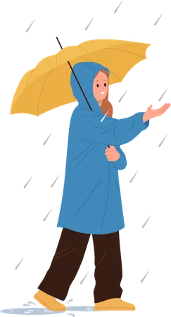 Happy girl  enjoying rainy weather while walking with umbrella on street  Illustration