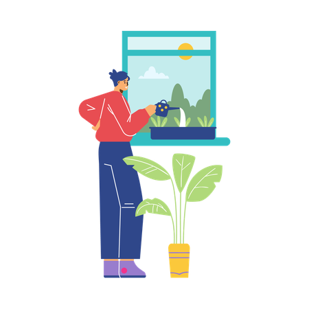 Happy girl enjoys time with plant pot while watering plant at home  Illustration