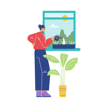 Happy girl enjoys time with plant pot while watering plant at home  Illustration