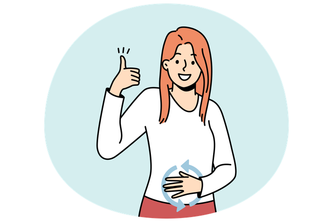 Happy girl feeling good herself after eating food  Illustration