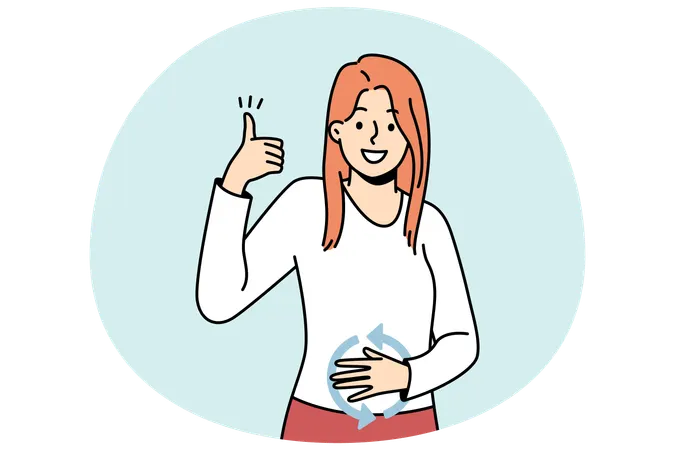 Happy girl feeling good herself after eating food  Illustration