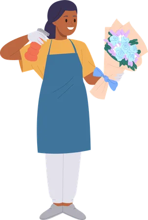 Happy girl florist spraying flower bouquet with water  Illustration