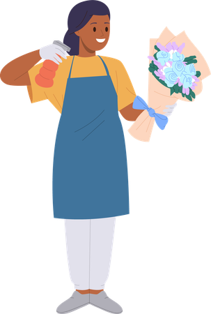 Happy girl florist spraying flower bouquet with water  Illustration