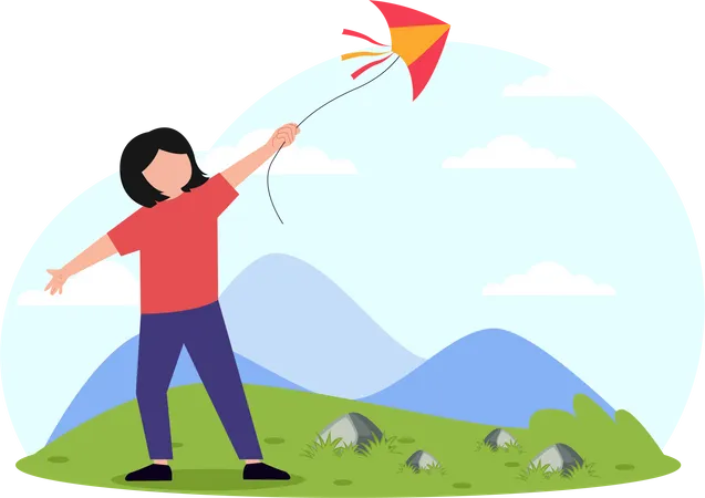 Happy girl flying kite  Illustration