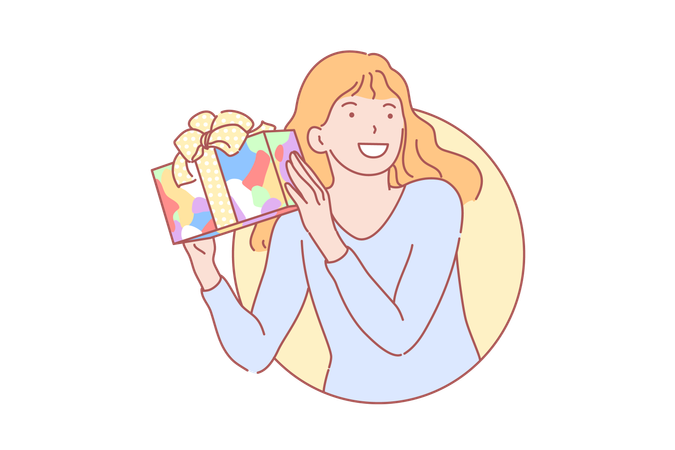 Happy girl getting colorful present  Illustration