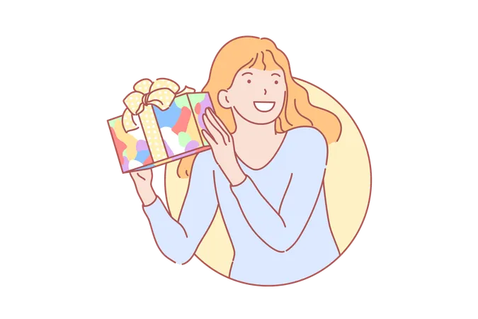 Happy girl getting colorful present  Illustration