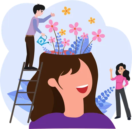 Happy Girl Having Great Mental Health And Positive Mood Tiny Man Watering Flowers Inside Womans Head For Psychology Genius Growth Development Intelligence Concept Illustration