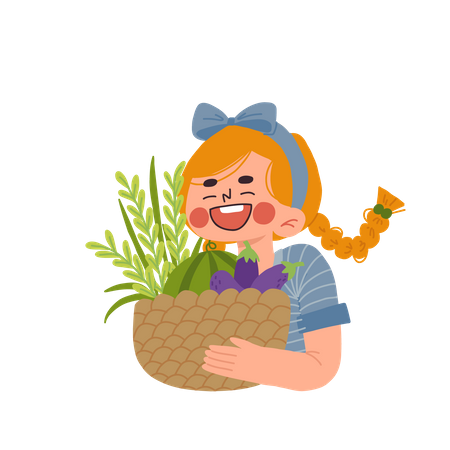 Happy girl holding a basket of harvest  Illustration