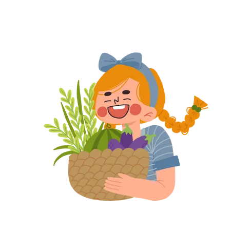 Happy girl holding a basket of harvest  Illustration