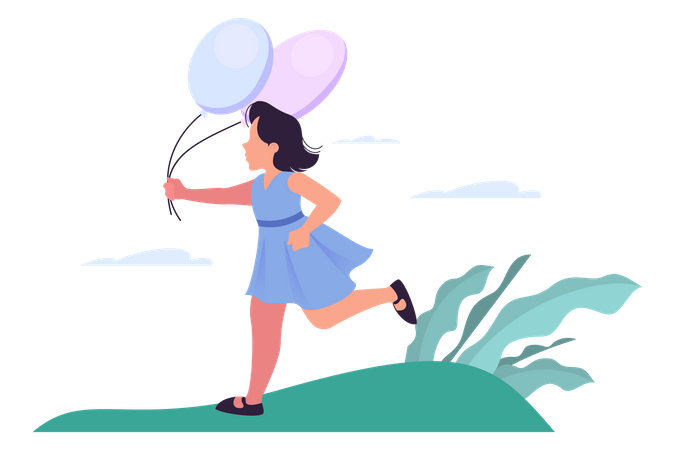 Happy girl holding balloon and running in park  Illustration