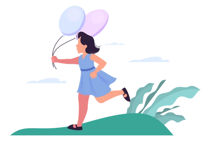 Happy Girl Holding Balloon And Running Little Cute Child In Blue Dress Cheerful Kid Vector Illustration In Cartoon Style Isolated Illustration