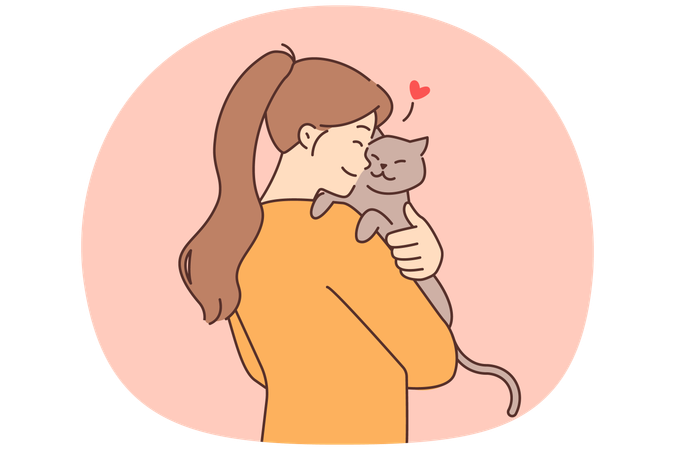 Happy girl holding cat in arms fluffy cat show love and care to pet  Illustration