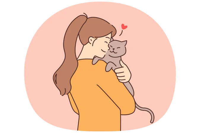 Happy girl holding cat in arms fluffy cat show love and care to pet  Illustration