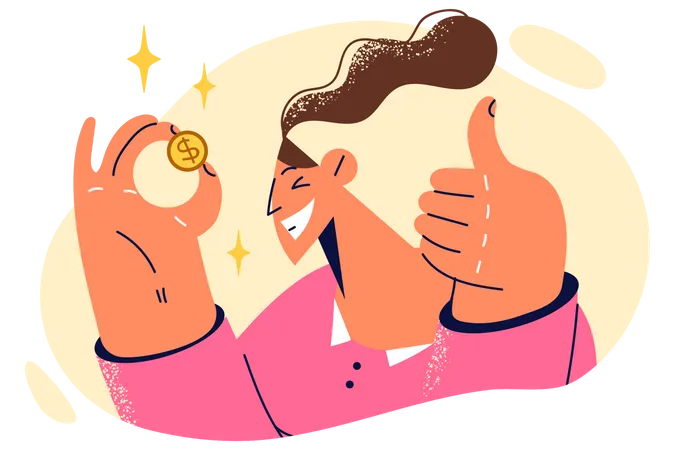 Happy girl holding dollar coin and showing thumb up  Illustration