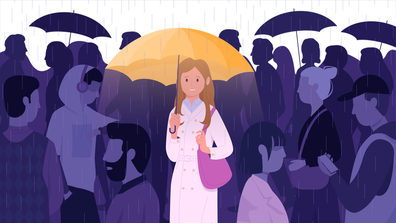Happy girl holding umbrella to protect mood from loneliness  イラスト
