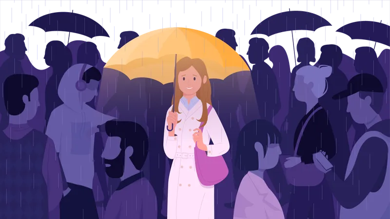 Woman Standing In Crowd Vector Illustration Cartoon Happy Girl Holding Umbrella To Protect Mood From Loneliness Stress And Indifference Of People Depressed Sad Faceless Characters Walking Around イラスト