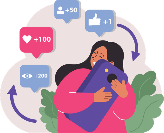 Happy girl hugging mobile for good response from social media  Illustration