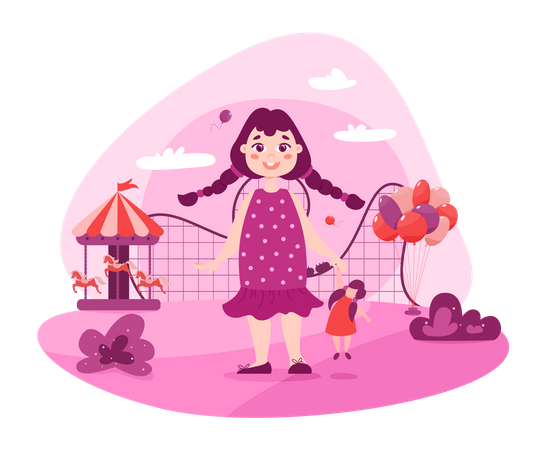 Happy girl in amusement park  Illustration