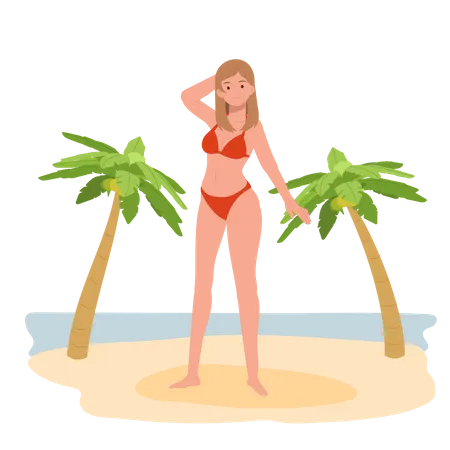 Happy girl in bikini on the beach  Illustration