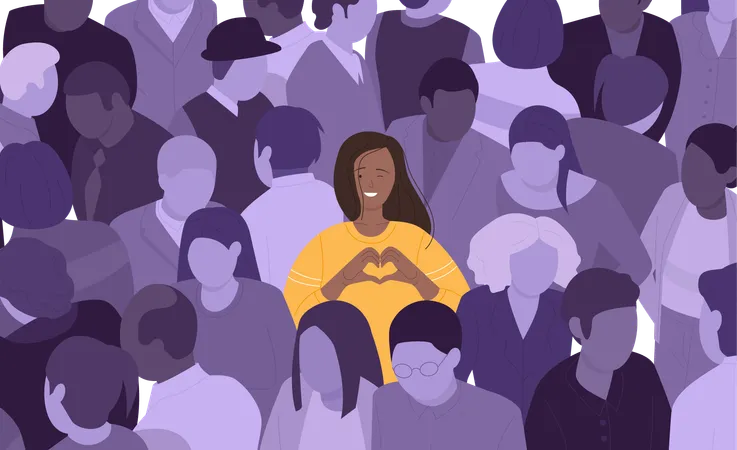 Happy Girl In Crowd Vector Illustration Cartoon Satisfied Young Woman Standing Among Group Of Faceless Depressed Sad Adult People With Heart Gesture Lucky Female Character With Smile On Cute Face イラスト