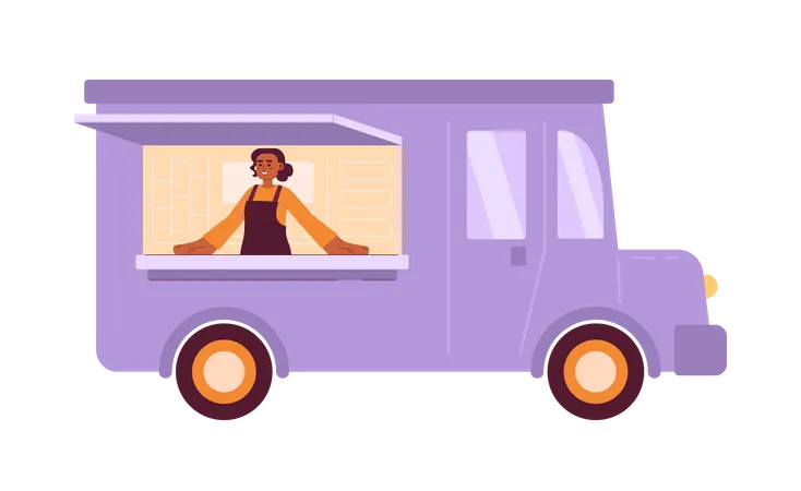 Happy Girl In Food Truck Semi Flat Colorful Vector Character Editable Half Body Caucasian Cooking Person And Selling Food On White Simple Cartoon Spot Illustration For Web Graphic Design Illustration