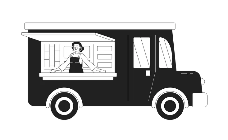 Happy Girl In Food Truck Monochromatic Flat Vector Character Editable Thin Line Half Body Female Chef Cooking And Selling Street Food On White Simple Bw Cartoon Spot Image For Web Graphic Design Illustration