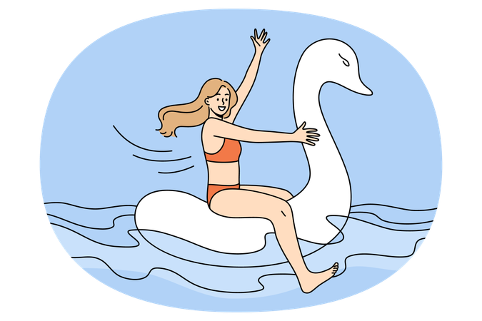 Happy girl in swimsuit float on rubber swan  Illustration