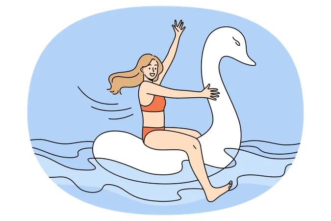 Happy girl in swimsuit float on rubber swan  Illustration