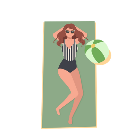 Happy Girl In Swimsuit On The Beach Is Lay Down And Sunbathing  Illustration