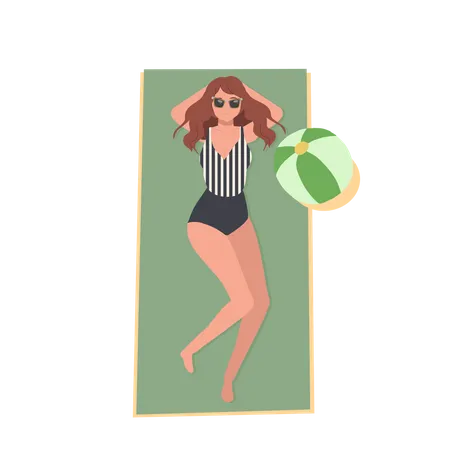 Happy Girl In Swimsuit On The Beach Is Lay Down And Sunbathing  Illustration